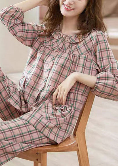 Two Loose And Pajamas Shirts Pink Pockets Cotton Pants Plaid
