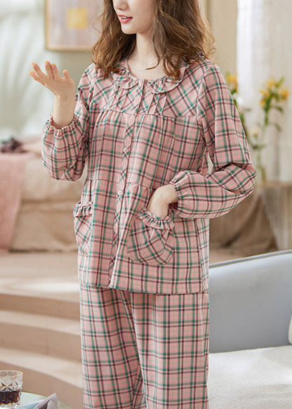 Two Loose And Pajamas Shirts Pink Pockets Cotton Pants Plaid