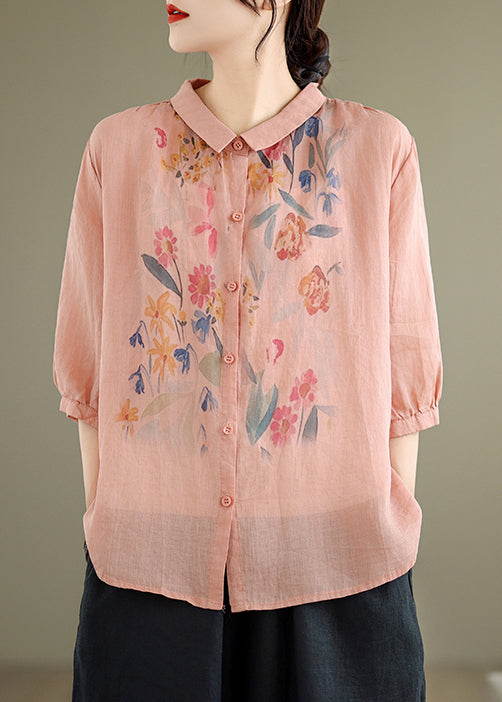 Blouses Half Sleeve Loose Linen Print Button Pink