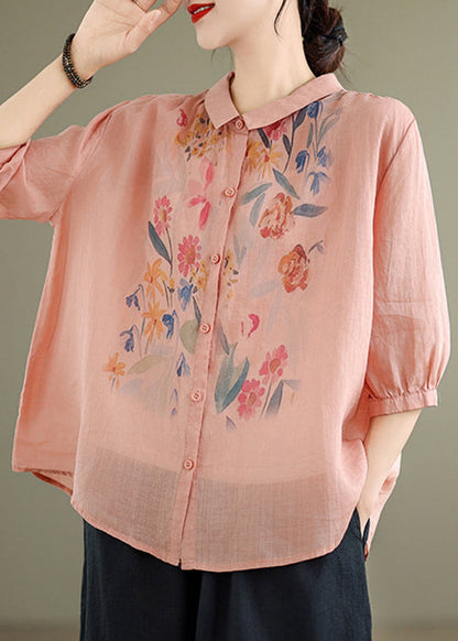 Blouses Half Sleeve Loose Linen Print Button Pink