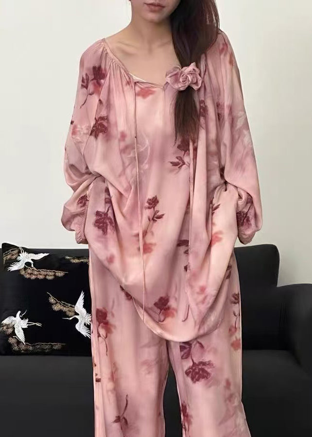 Print Pajamas Up Loose Fall Piece Pink Two Lace Cotton Set