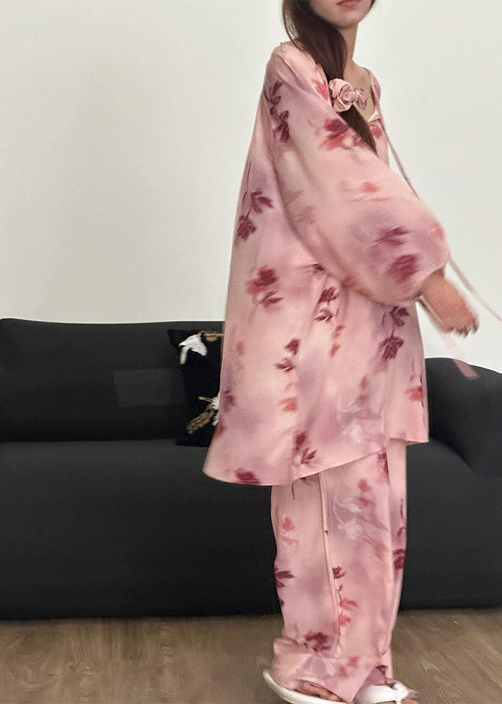 Print Pajamas Up Loose Fall Piece Pink Two Lace Cotton Set