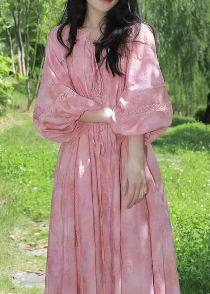 Loose Lace Lantern Pink Ruffled Dress Long Sleeve Cotton Up