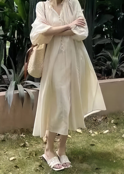 Loose Lace Lantern Pink Ruffled Dress Long Sleeve Cotton Up