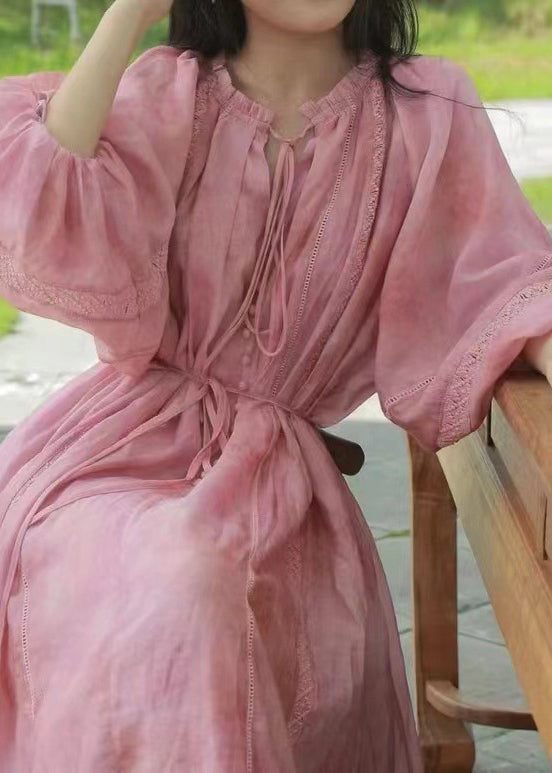 Loose Lace Lantern Pink Ruffled Dress Long Sleeve Cotton Up