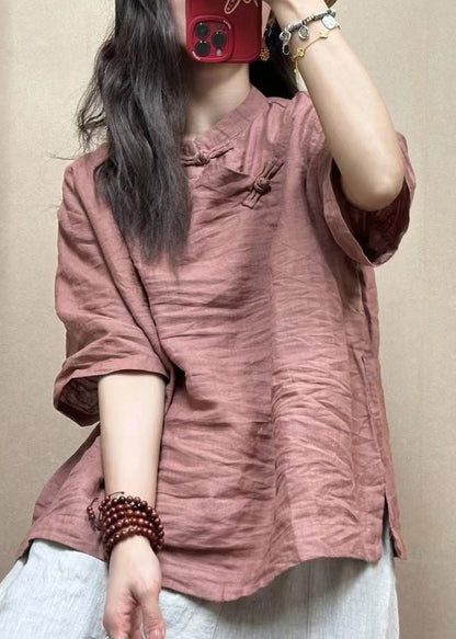 Loose Pink Stand Collar Button Linen Shirts Half Sleeve VV012