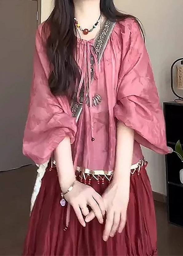 Pink Loose Lace Up Shirt Fall Tasseled Cotton