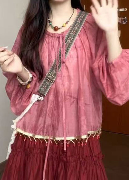 Pink Loose Lace Up Shirt Fall Tasseled Cotton