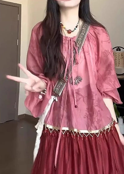 Pink Loose Lace Up Shirt Fall Tasseled Cotton