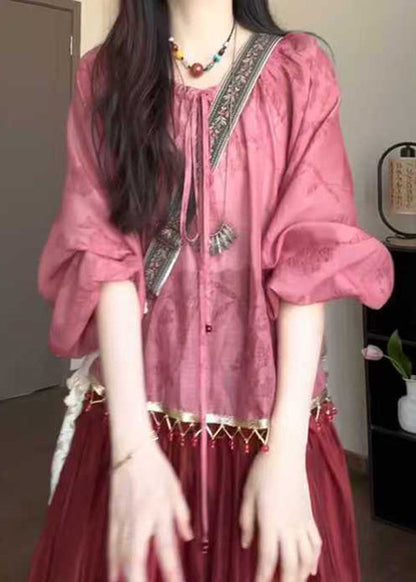 Pink Loose Lace Up Shirt Fall Tasseled Cotton