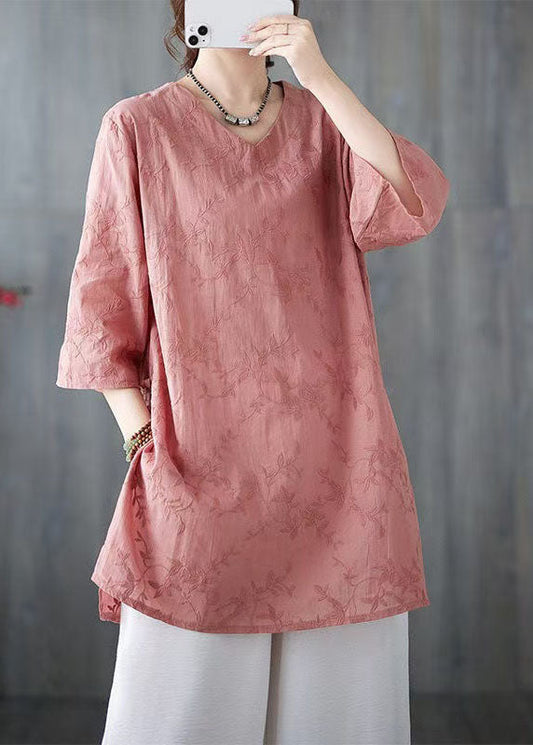 Neck V Bracelet Pink Sleeve Cotton Loose Top Embroidered