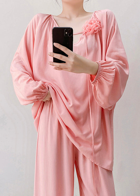 Pajamas Loose Pink Two Neck Floral V Fall Piece Set Cotton