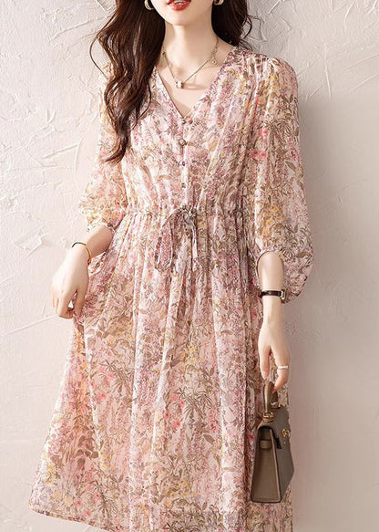 V Chiffon Dress Loose Summer Neck Print Drawstring Pink