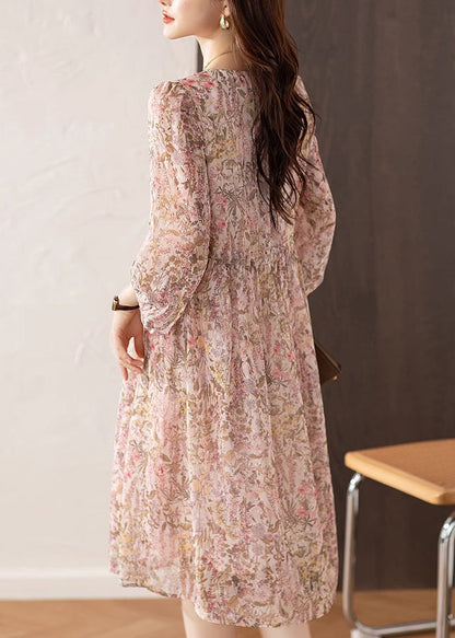 V Chiffon Dress Loose Summer Neck Print Drawstring Pink