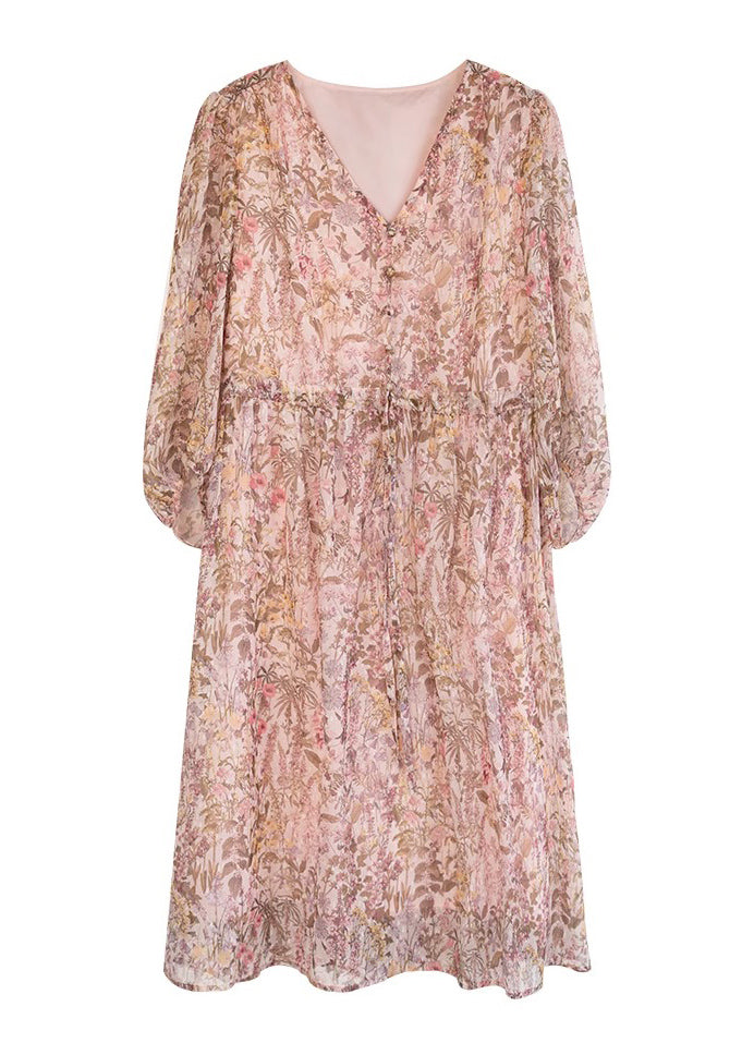 V Chiffon Dress Loose Summer Neck Print Drawstring Pink