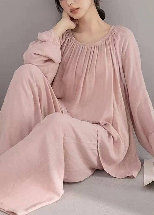 Two-Piece Solid Pink Cotton Fall Loose Pajamas Set Wrinkled