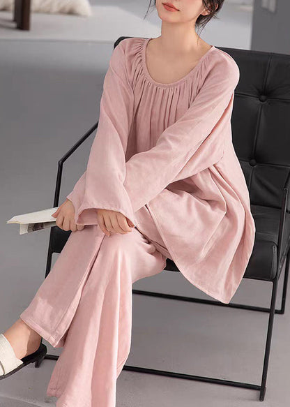 Two-Piece Solid Pink Cotton Fall Loose Pajamas Set Wrinkled