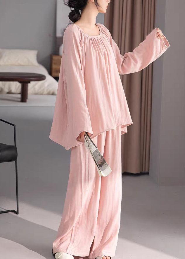 Two-Piece Solid Pink Cotton Fall Loose Pajamas Set Wrinkled