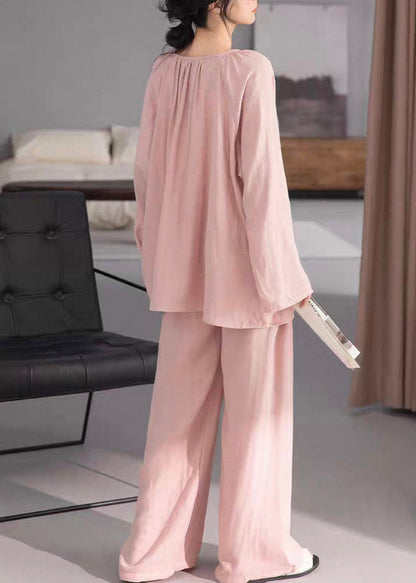 Two-Piece Solid Pink Cotton Fall Loose Pajamas Set Wrinkled