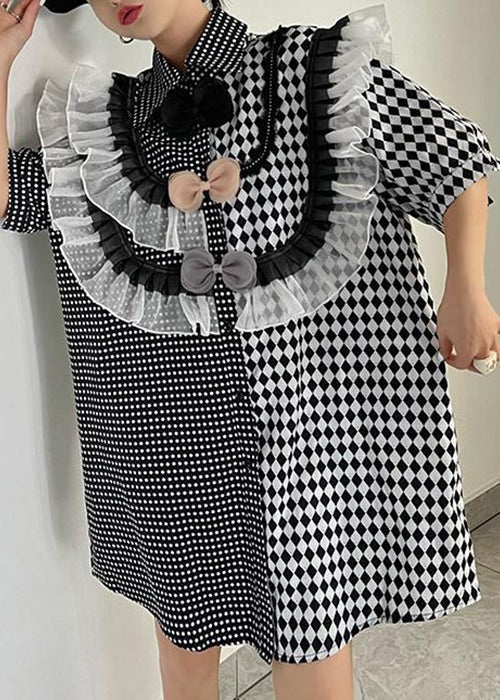 Loose Plaid Asymmetrical Ruffled Cotton Shirts Dresses Summer XX066