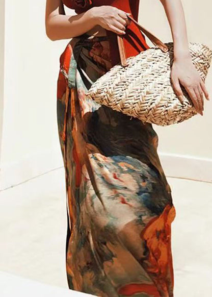 Lace Print High Skirts Summer Waist Silk Loose Up