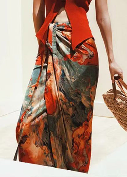 Lace Print High Skirts Summer Waist Silk Loose Up