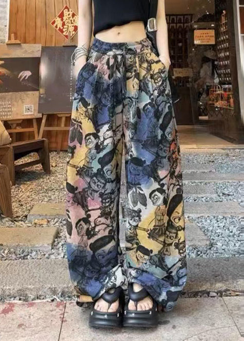Cotton Summer Loose Pockets Drawstring Print Pants