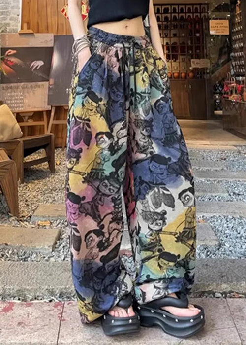 Cotton Summer Loose Pockets Drawstring Print Pants