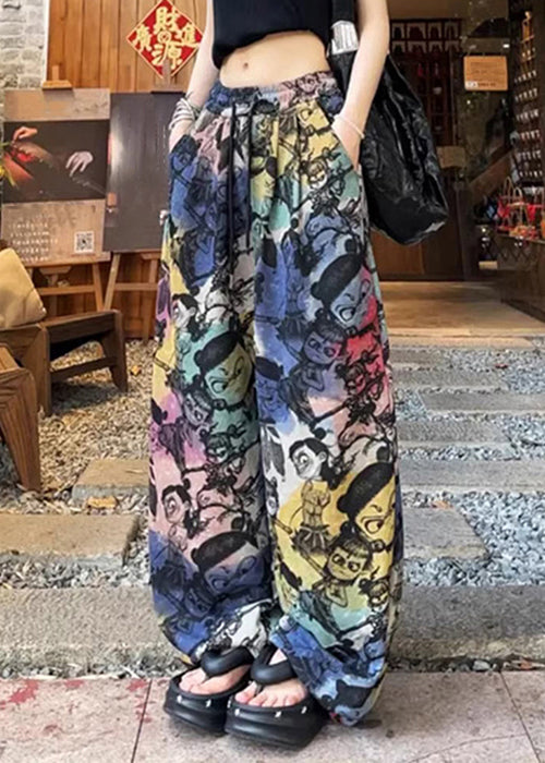 Cotton Summer Loose Pockets Drawstring Print Pants