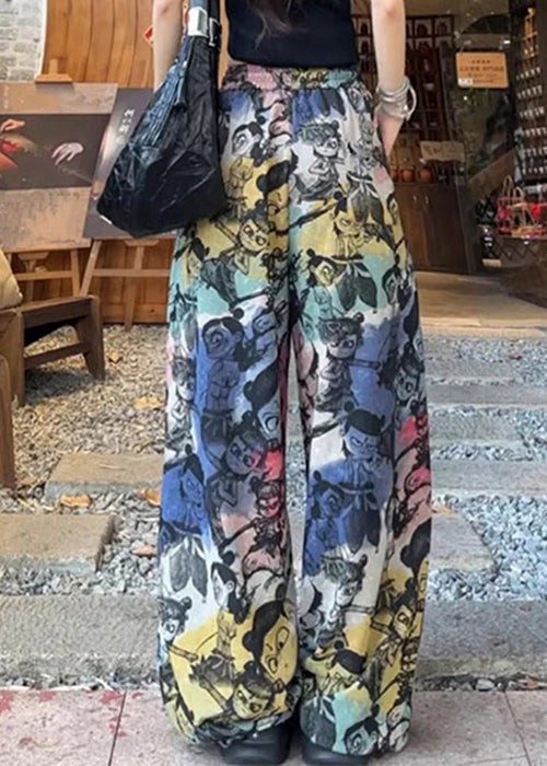 Loose Print Pants Summer Drawstring Cotton Pockets