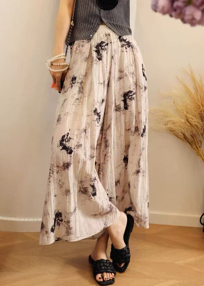 Loose Waist Cotton Leg Pockets Elastic Print Pants Summer Wide