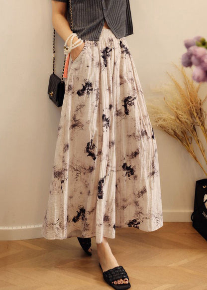 Loose Waist Cotton Leg Pockets Elastic Print Pants Summer Wide