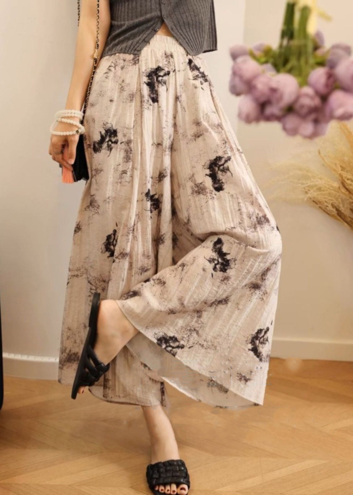 Loose Waist Cotton Leg Pockets Elastic Print Pants Summer Wide