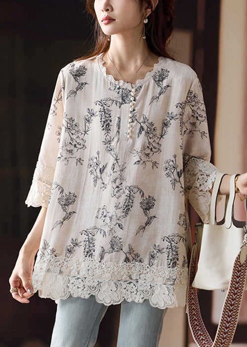 Side Blouses Loose Patchwork Open Cotton Lace Print Bracelet
