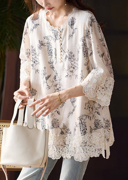 Side Blouses Loose Patchwork Open Cotton Lace Print Bracelet