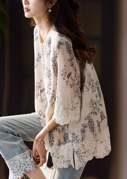 Side Blouses Loose Patchwork Open Cotton Lace Print Bracelet