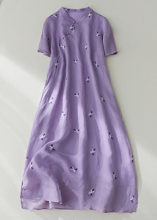 Loose Purple Embroidered Button Pockets Cotton Dress Summer VV010