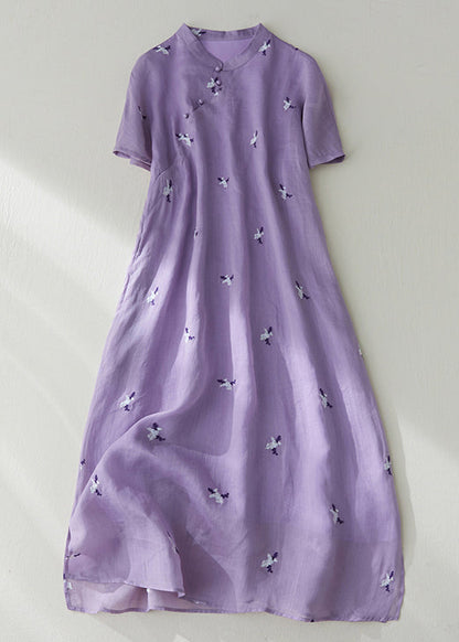 Loose Purple Embroidered Button Pockets Cotton Dress Summer VV010