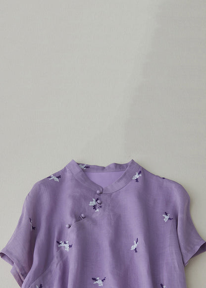 Loose Purple Embroidered Button Pockets Cotton Dress Summer VV010