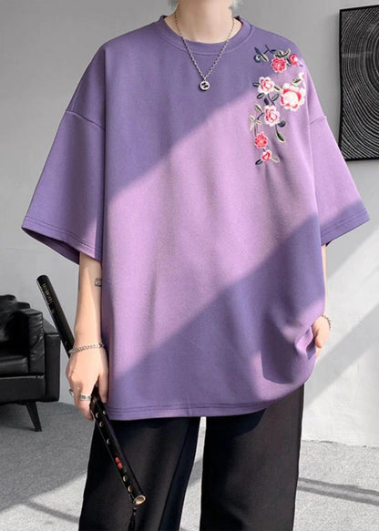 Loose Purple O Neck Embroideried Cotton Mens T Shirts Summer LK060