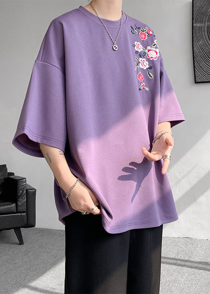 Loose Purple O Neck Embroideried Cotton Mens T Shirts Summer LK060