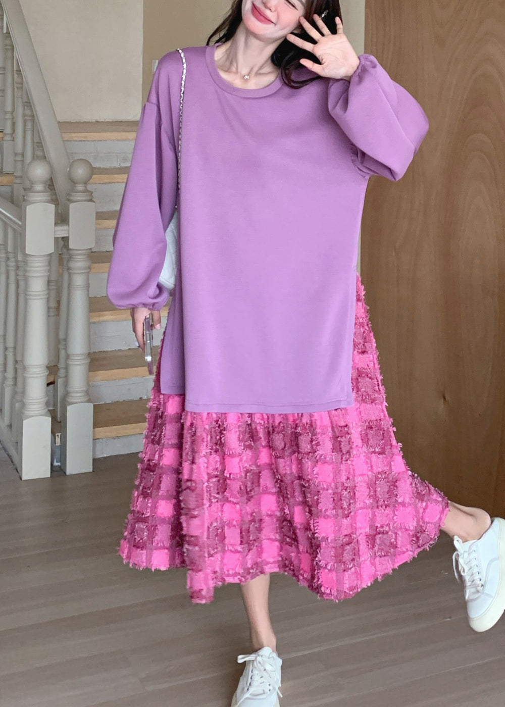 Plaid Spring Maxi Purple Dress Loose O-Neck