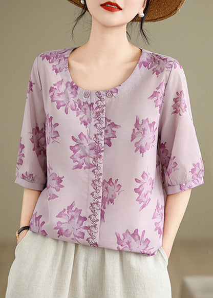 Loose Purple O-Neck Print Cotton Shirts Half Sleeve VV035