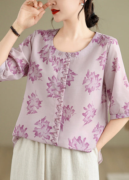 Loose Purple O-Neck Print Cotton Shirts Half Sleeve VV035