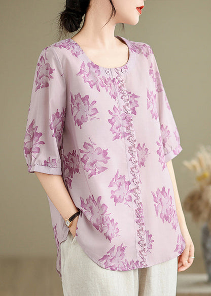 Loose Purple O-Neck Print Cotton Shirts Half Sleeve VV035