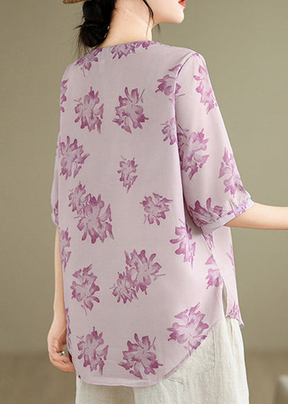 Loose Purple O-Neck Print Cotton Shirts Half Sleeve VV035