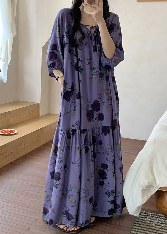 Summer Cotton Print Dresses Neck Purple Loose Wrinkled O Pajamas