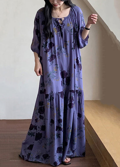 Summer Cotton Print Dresses Neck Purple Loose Wrinkled O Pajamas