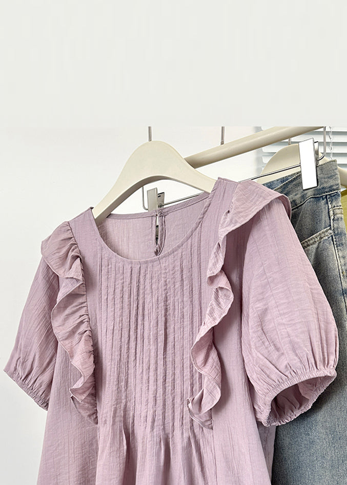 Summer Purple Cotton O Loose Blouse Wrinkled Neck