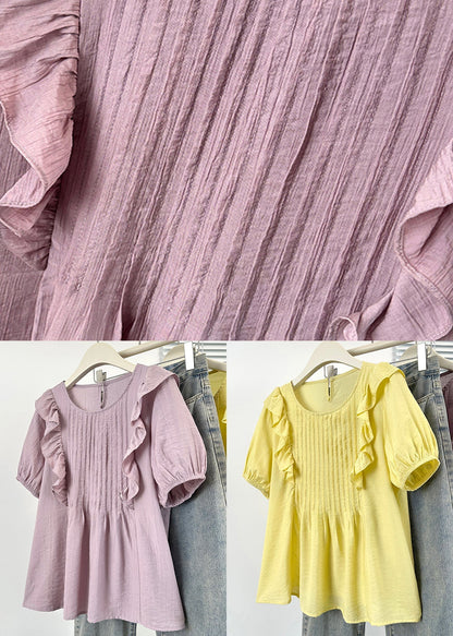 Summer Purple Cotton O Loose Blouse Wrinkled Neck